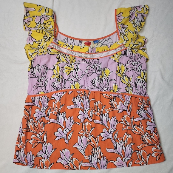 Farm Rio X Anthroplogie Flutter Sleeve Top Women's Size Large Orange Yellow - Picture 1 of 8